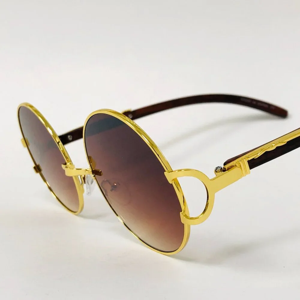 Round Brown Lens Men Sunglasses Gold Frame Street Wear Party Shades Gafas‎